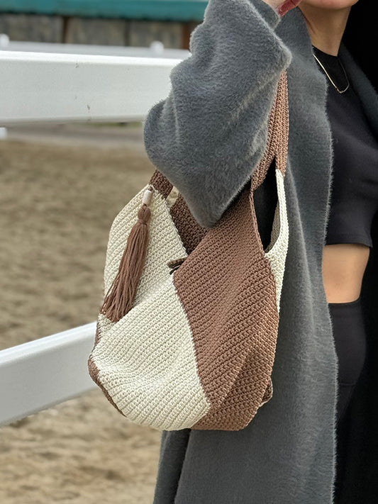 Viona İki Renk El Örgüsü Hasır Omuz Çantası