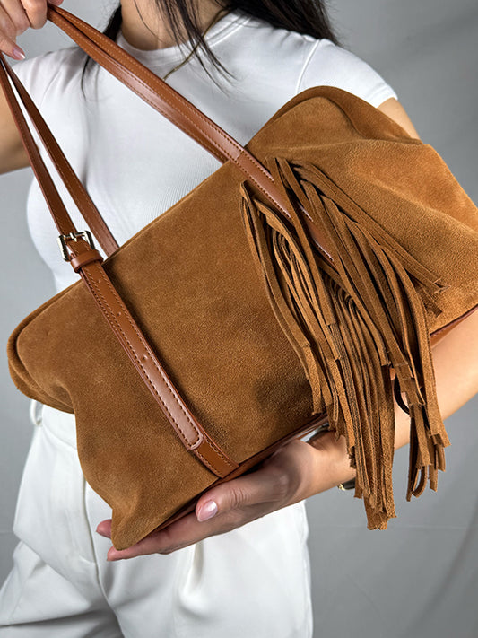 Rosera Hakiki Süet Püsküllü El ve Omuz Çantası