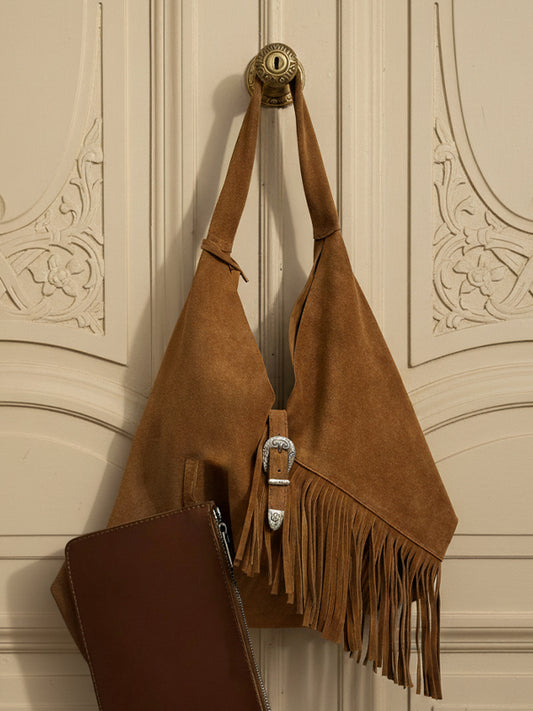 Salome Hakiki Süet Bordo Püsküllü Omuz Çantası