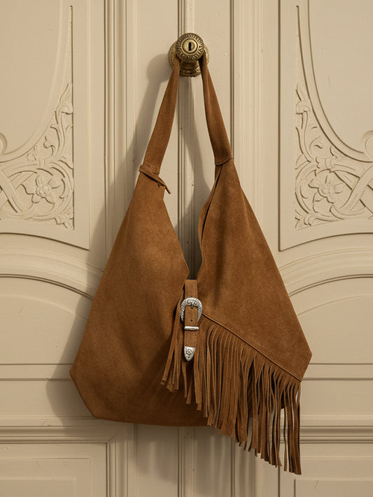 Salome Hakiki Süet Bordo Püsküllü Omuz Çantası