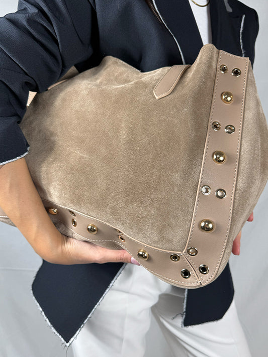 Vinta Hakiki Süet Metal Detaylı El ve Omuz Çantası